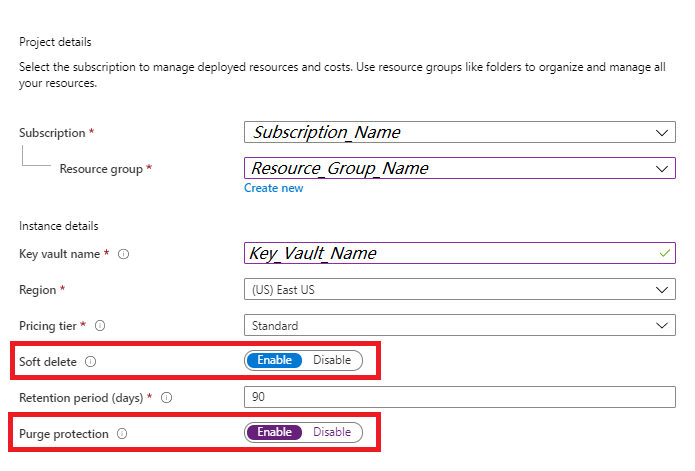 Screenshot showing how to enable Soft Delete and Purge Protection upon creation of Key Vault.