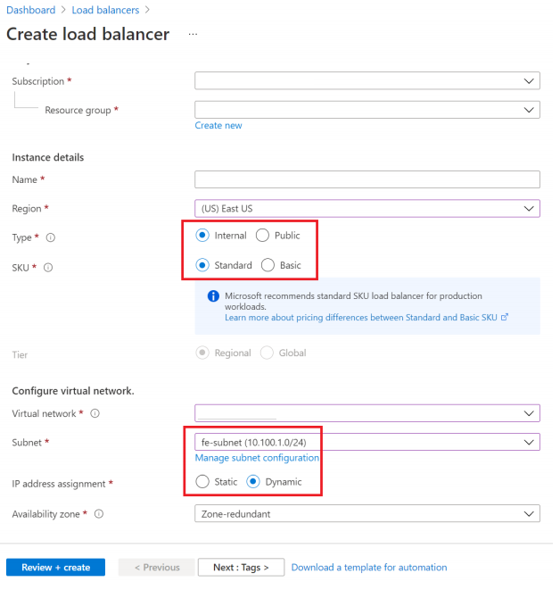 Screenshot that shows the step to create standard load balancer.