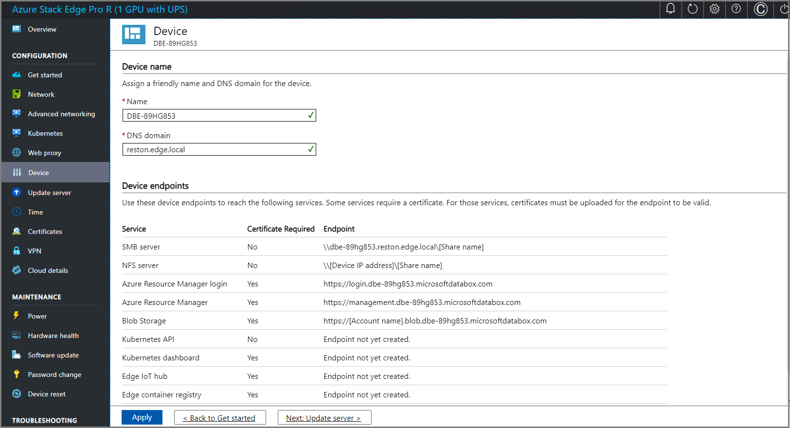 Local web UI "Device" page 1