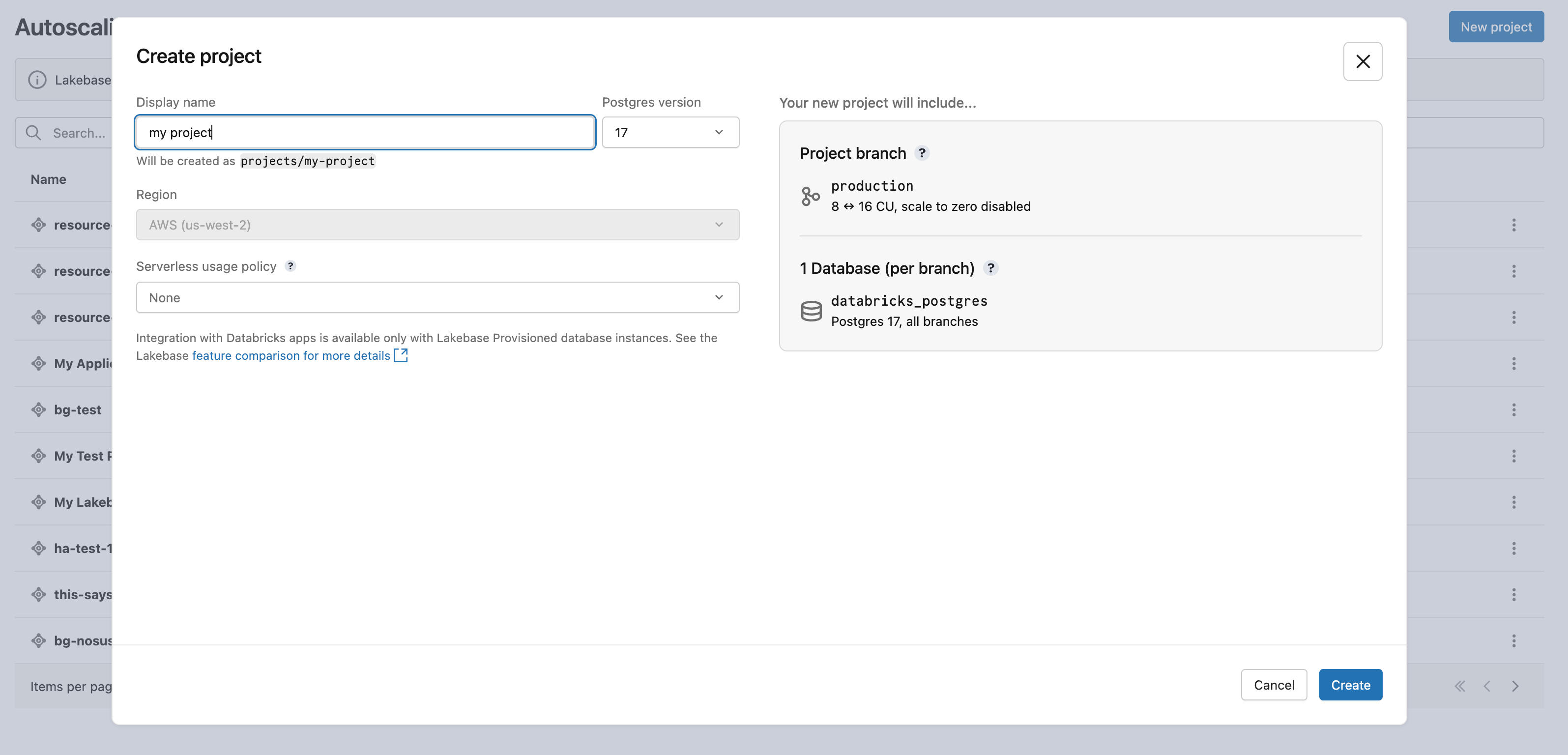 Create project dialog