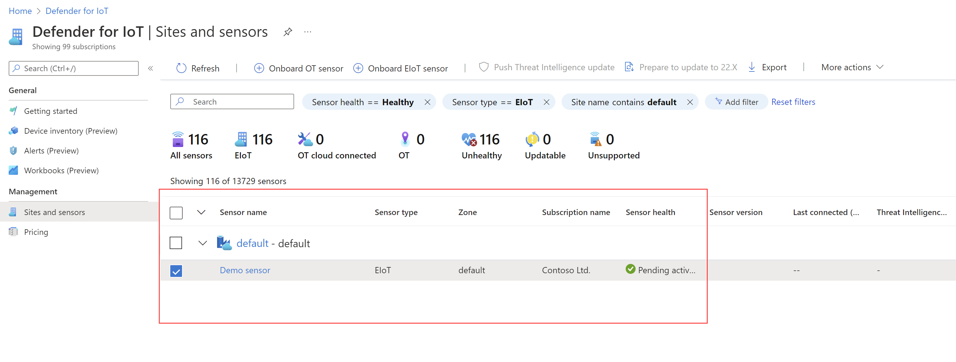 Screenshot of your new Enterprise IoT sensor listed in the Sites and sensors page.