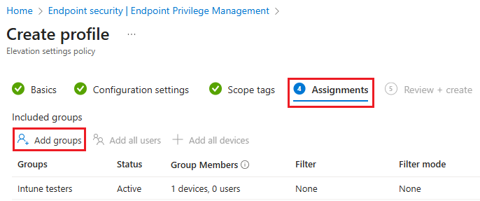 Screenshot that shows the Create profile Assignments tab with Add groups highlighted.