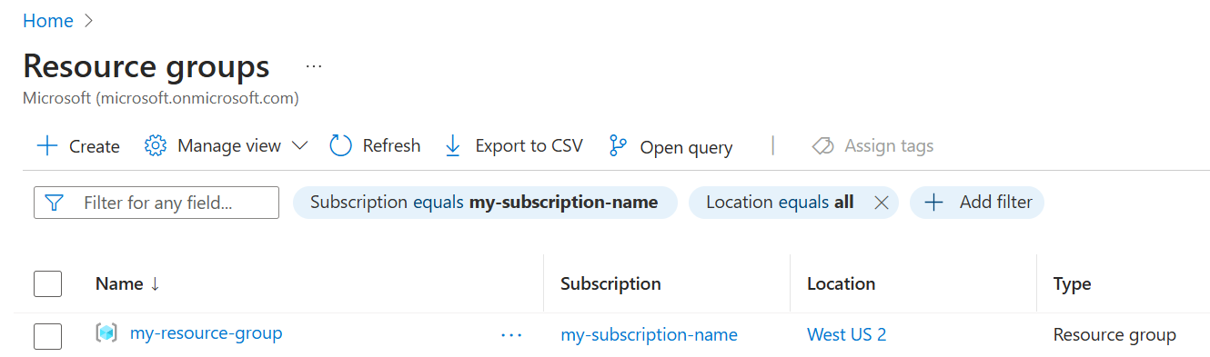 Partial screen shot of Azure portal, selecting resource group from list of resource groups.