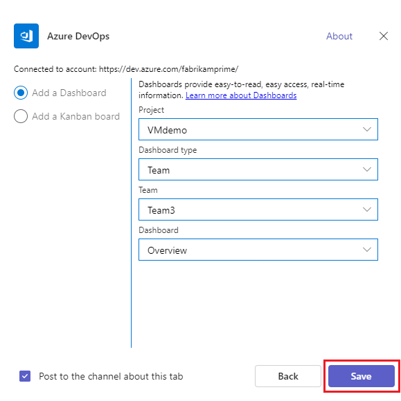 Dialog to add a team dashboard to a Teams channel.