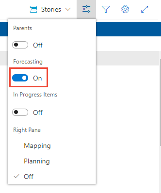 Boards>Backlog, view options menu, Forecast on