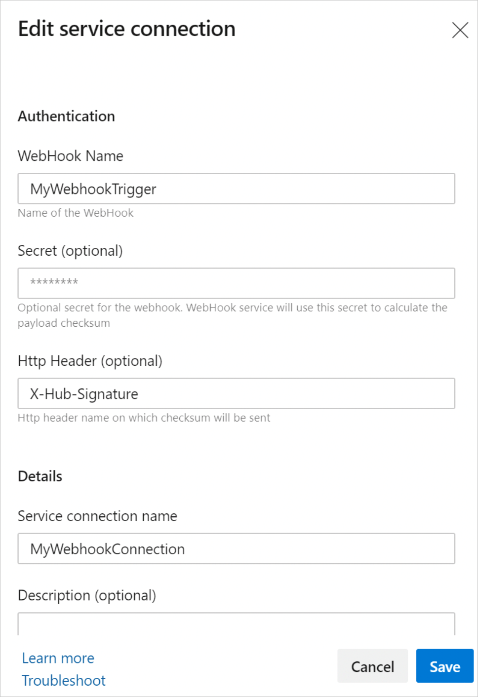 Screenshot that shows the incoming webhook service connection.