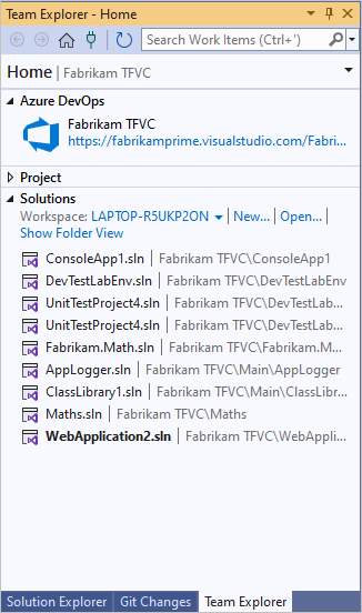 Screenshot that shows Solutions in the Team Explorer Home page.