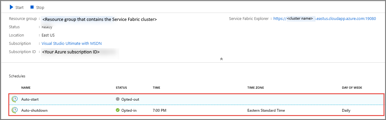 Screenshot that shows existing schedules for auto start and auto shutdown.