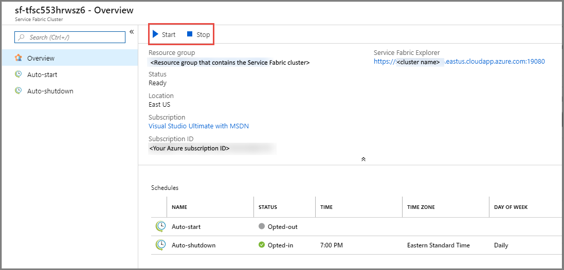 Screenshot that shows start or stop commands in the Service Fabric Cluster page.