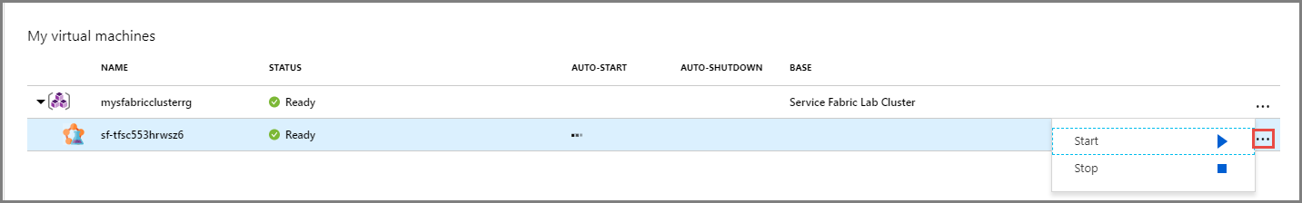 Screenshot that shows start and stop commands for the cluster.