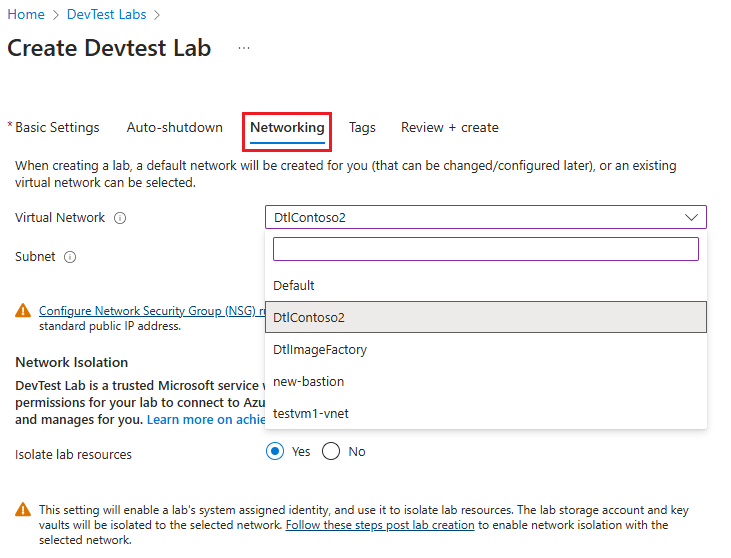Screenshot that shows selecting a virtual network.