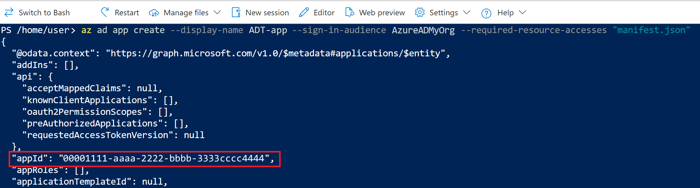 Screenshot of Cloud Shell output of the app registration creation command. The appId value is highlighted.