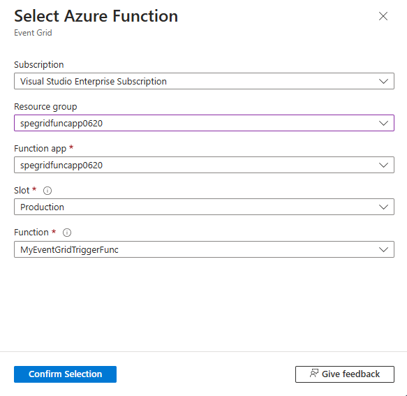 Screenshot that shows the pane for selecting a previously created Azure function.