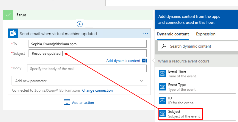 Screenshot that shows the workflow designer with dynamic content being addded to email subject line for a true condition.