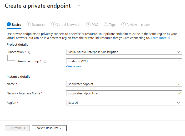 Screenshot showing the Basics page of the Create private endpoint wizard.