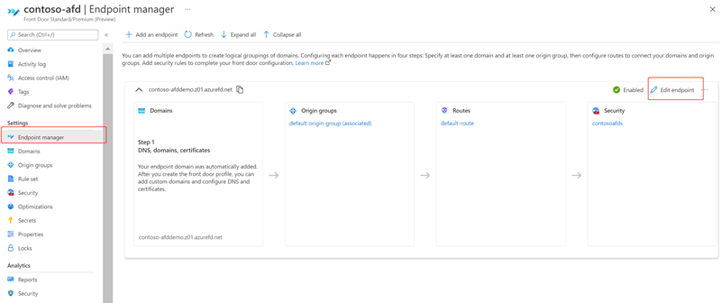 Screenshot of the Azure Front Door manager landing page.