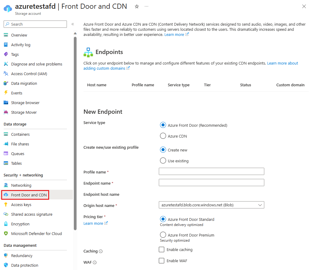 Screenshot of create an AFD endpoint.