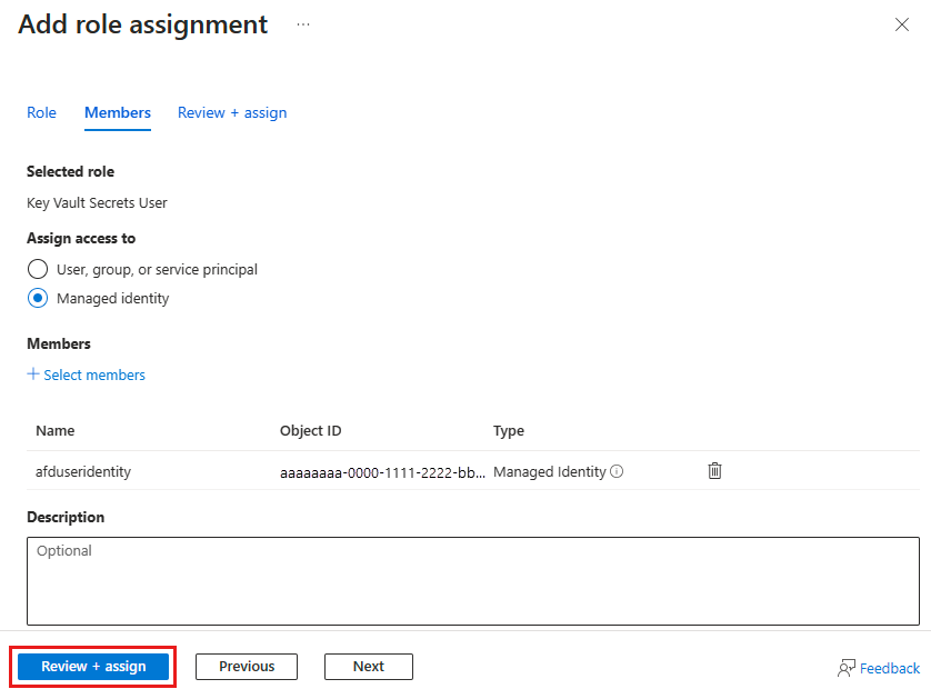 Screenshot of the review and assign page for the add role assignment page for a Key Vault.