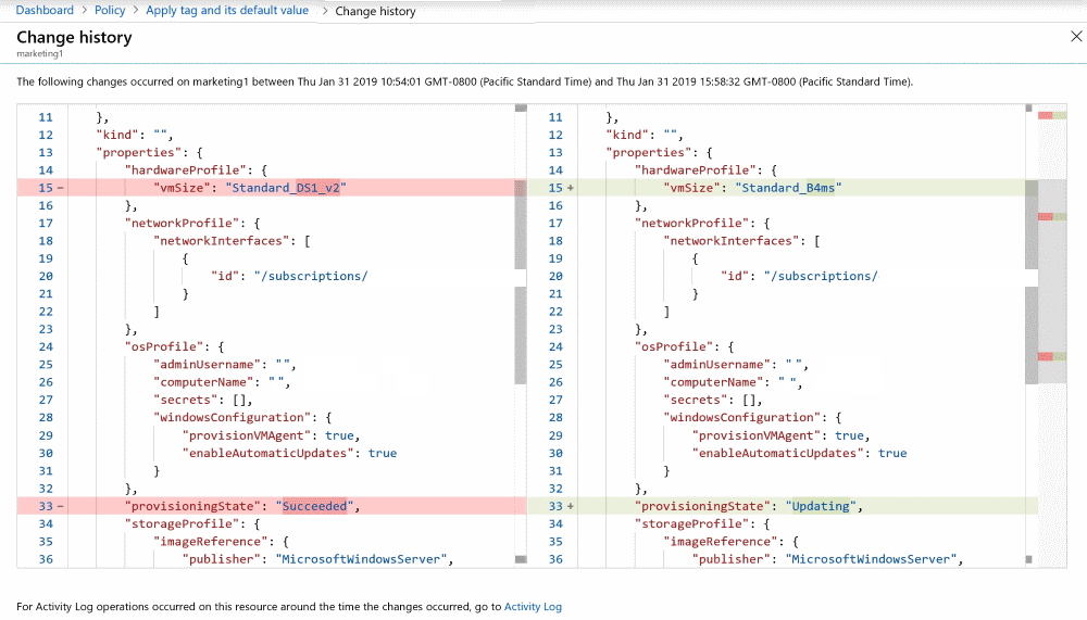 Screenshot of the Change History Visual Diff of the before and after state of properties on the Change history page.