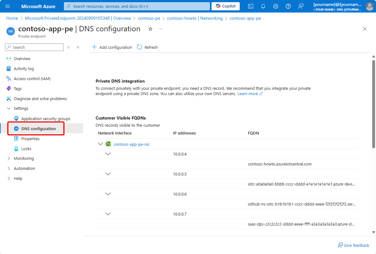 Screenshot from the Azure portal that shows the customer visible FQDNs.