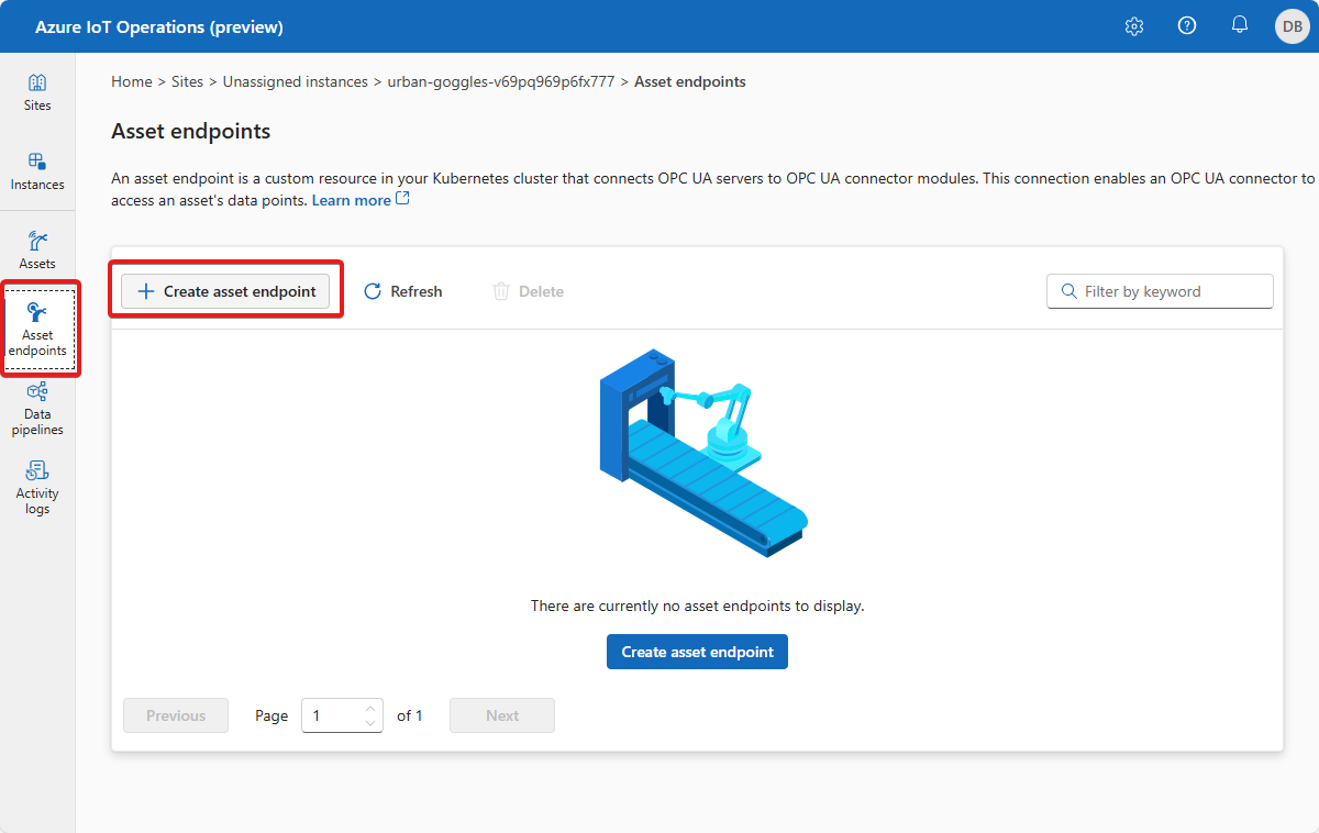 Screenshot that shows the asset endpoints page in the Azure IoT Operations (preview) portal.