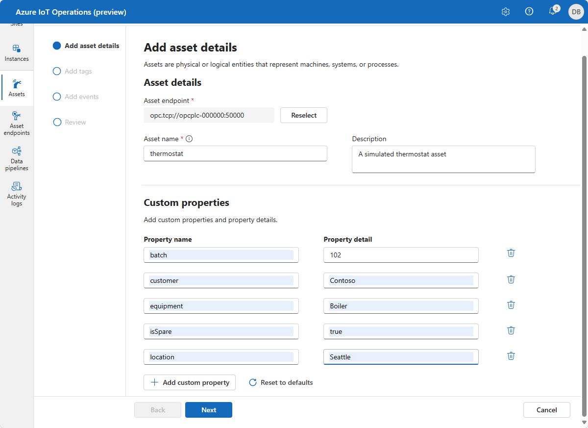 Screenshot of Azure IoT Operations asset details page.