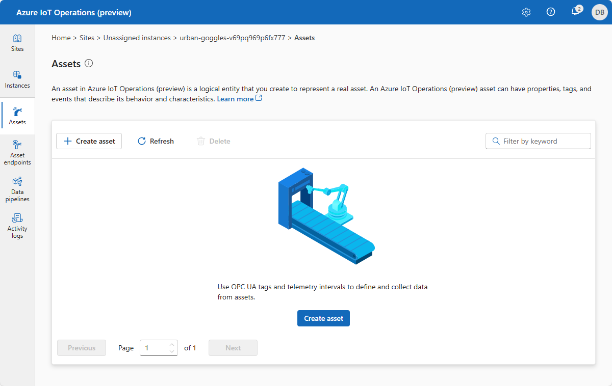 Screenshot of Azure IoT Operations empty asset list.