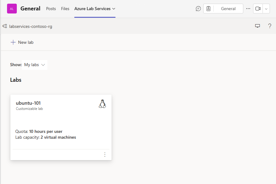 Screenshot that shows the list of labs in Microsoft Teams.