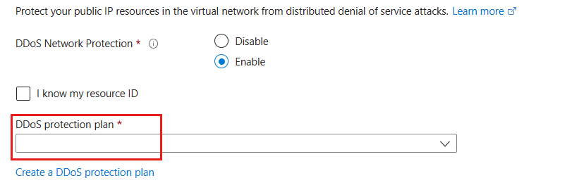 Screenshot of enabling DDoS during virtual network creation.