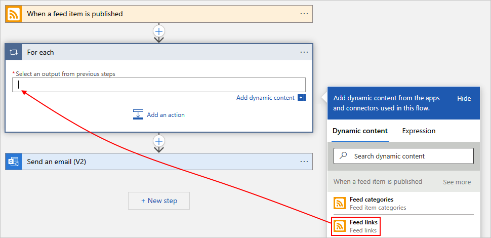 Screenshot shows Azure portal, Consumption workflow designer, action named For each, and opened dynamic content list.