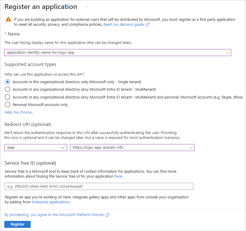 Screenshot showing "Register an application" pane with application identity name and URL where to send authentication response.