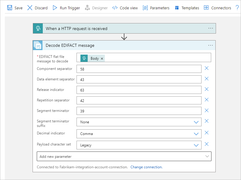 Screenshot shows Consumption workflow, action named Decode EDIFACT message, and message decoding properties.