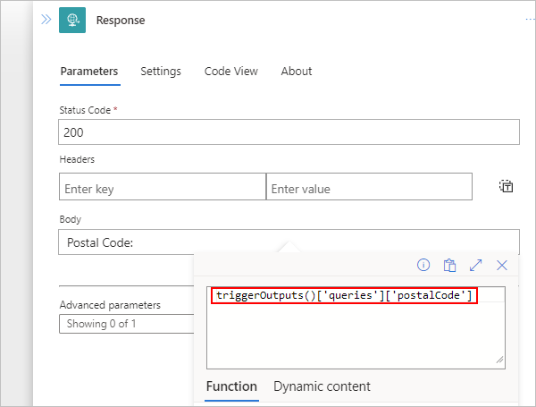 Screenshot shows Standard workflow with Response action and example triggerOutputs() expression.