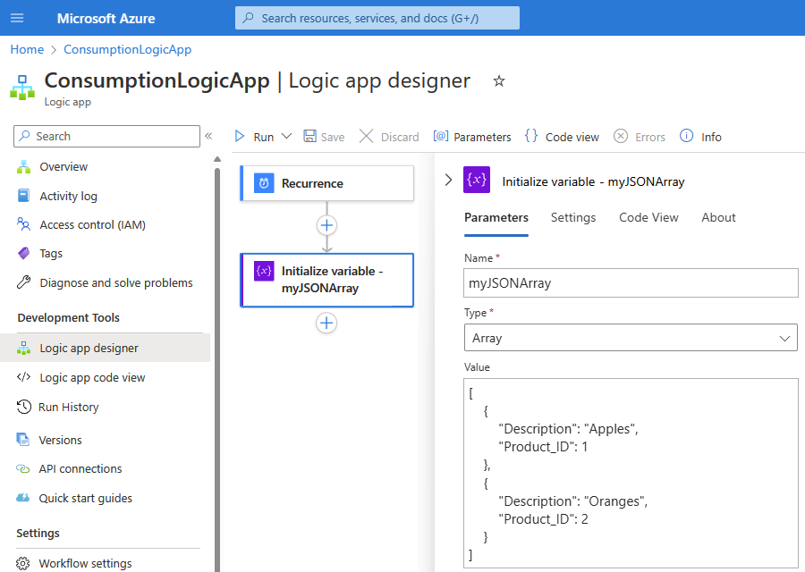 Screenshot showing the Azure portal and the designer with a sample Consumption workflow for the "Create CSV table" action.