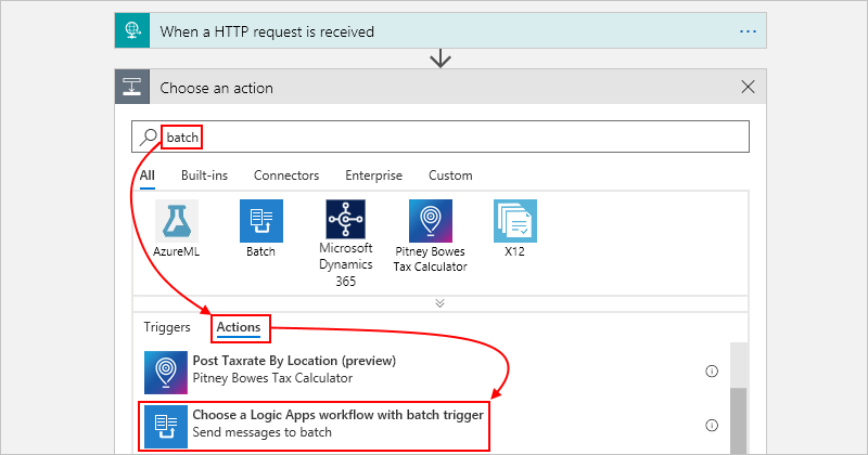 Select "Choose a Logic Apps workflow with batch trigger"