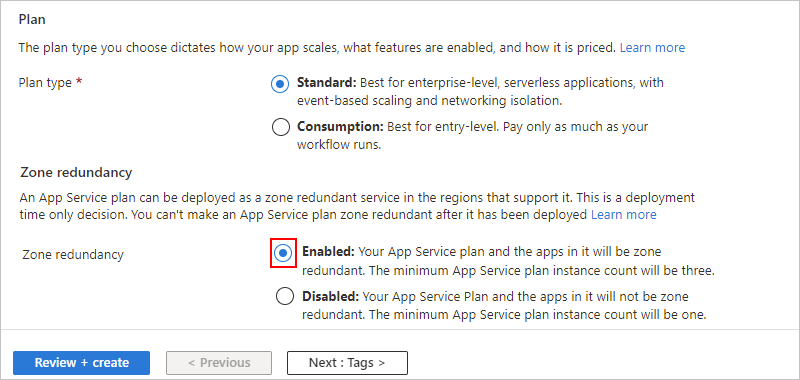 Screenshot showing Azure portal, "Create Logic App" page, Standard logic app details, and the "Enabled" option under "Zone redundancy" selected.