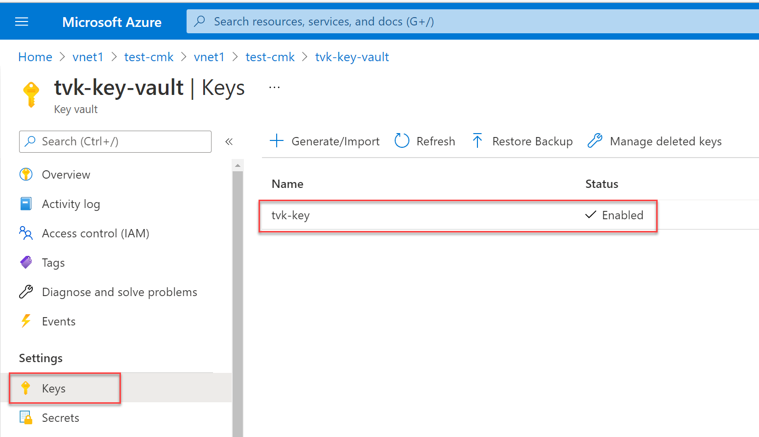 Screenshot that shows the pane for selecting a key.