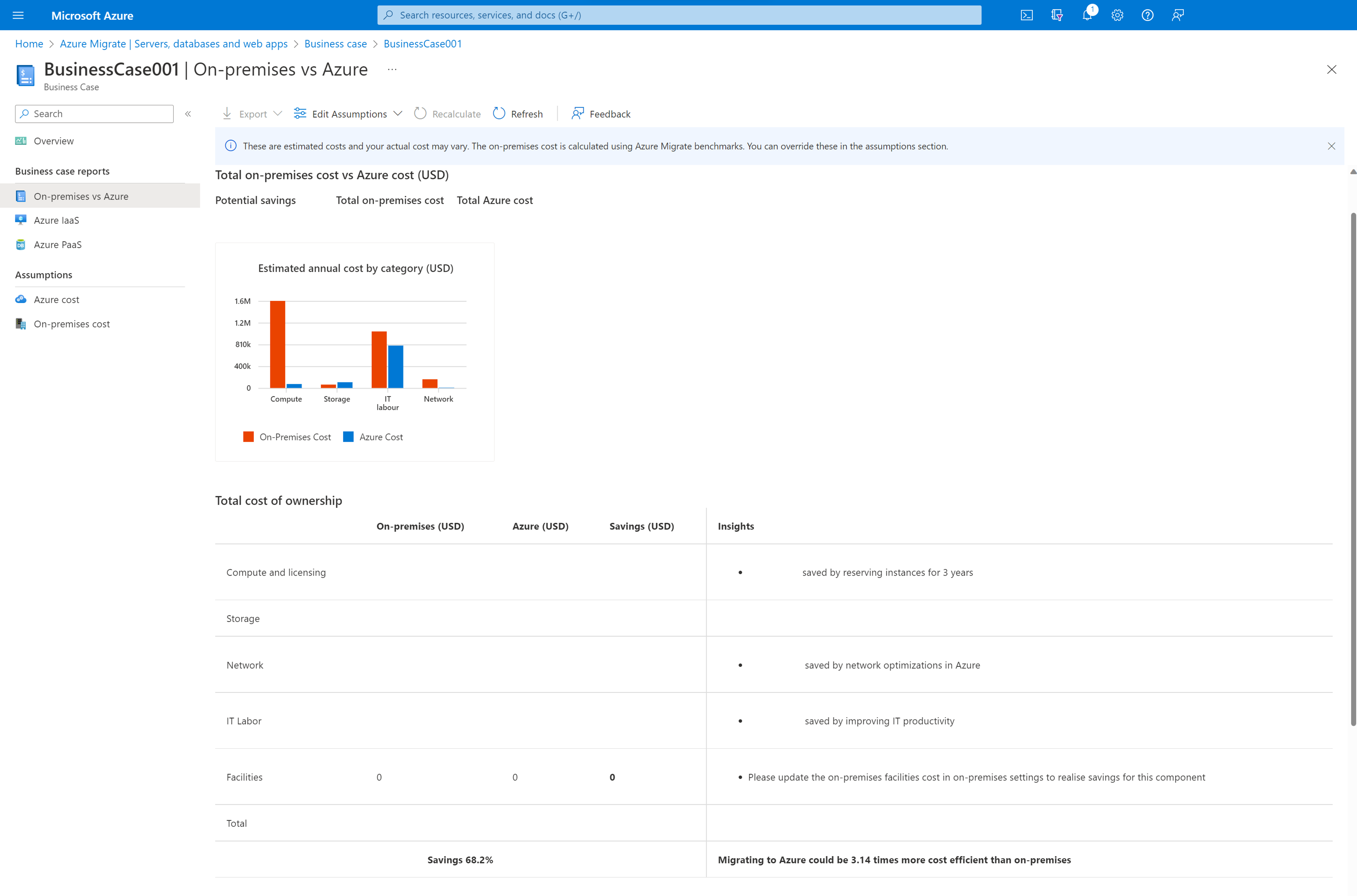 Screenshot of on-premises and Azure comparison.