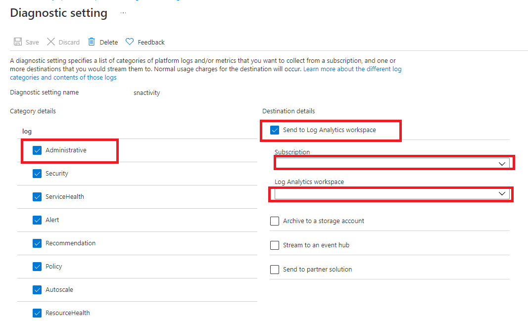 Screenshot of the Azure Monitor 'Diagnostic setting' pane for selecting log destinations.