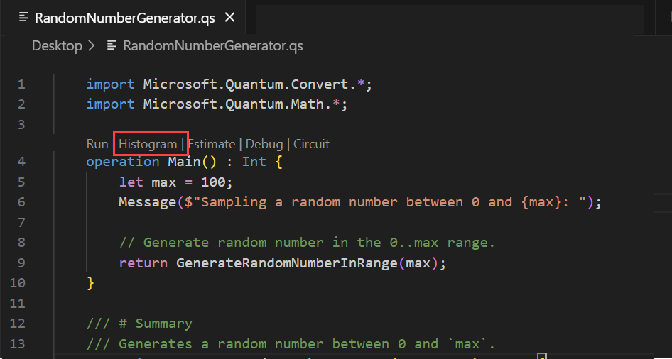 Screenshot of Visual Studio Code that shows where to find the histogram command in the code lens.