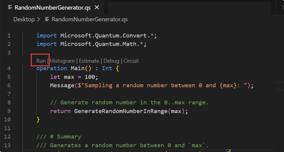 Screenshot of Visual Studio Code that shows where to find the run command in the code lens.