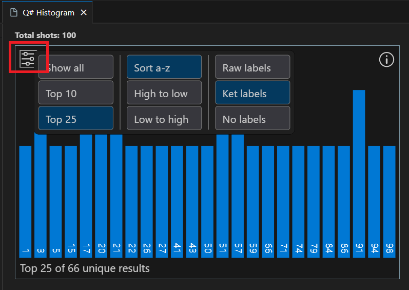 Screenshot of the Q# histogram window in Visual Studio Code that shows how to display settings.