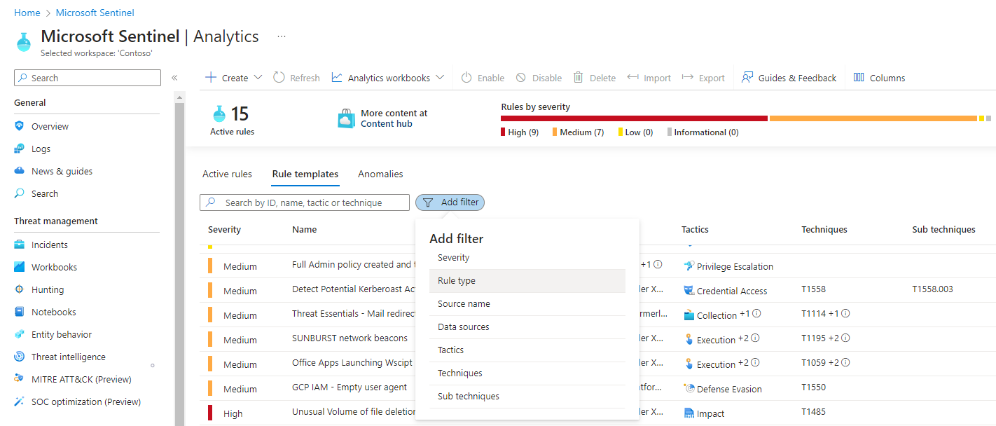 Screenshot of rule templates list in Analytics page.