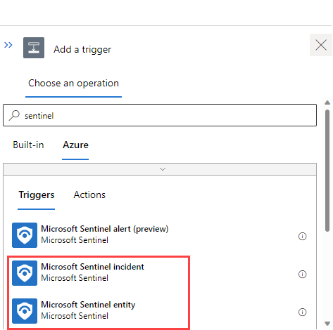 Screenshot of the Microsoft Sentinel incident and entity options with no preview notice.