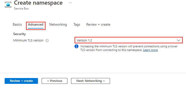 Screenshot showing the page to set the minimum TLS version when creating a namespace.