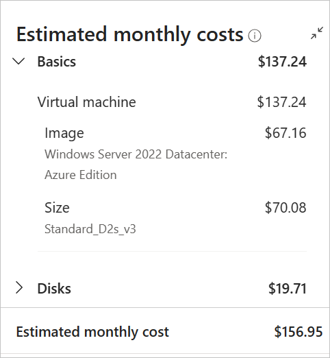 Screenshot of virtual machines estimated costs on creation page in the Azure portal.