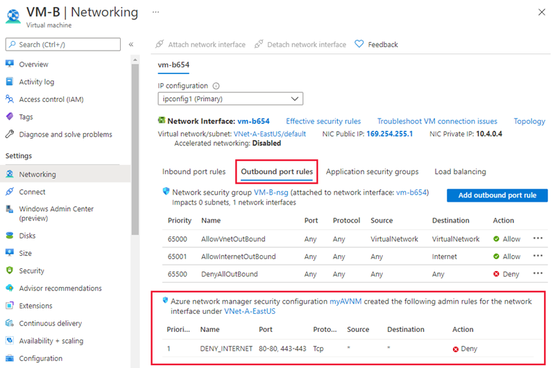 Screenshot of virtual machine inbound security rules.