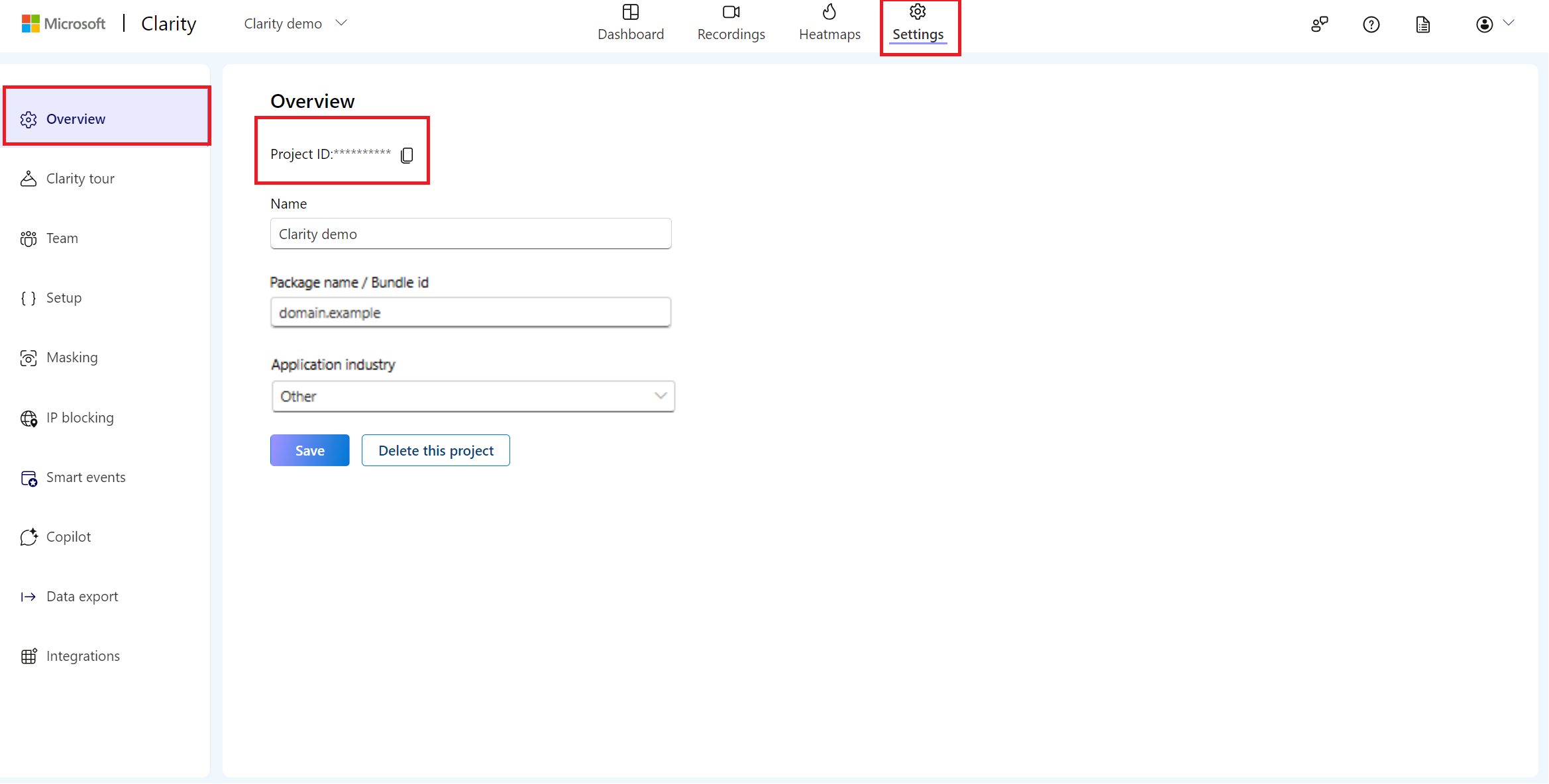 Copy your Clarity project ID for flutterflow.