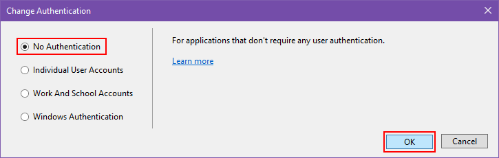 Select No Authentication.