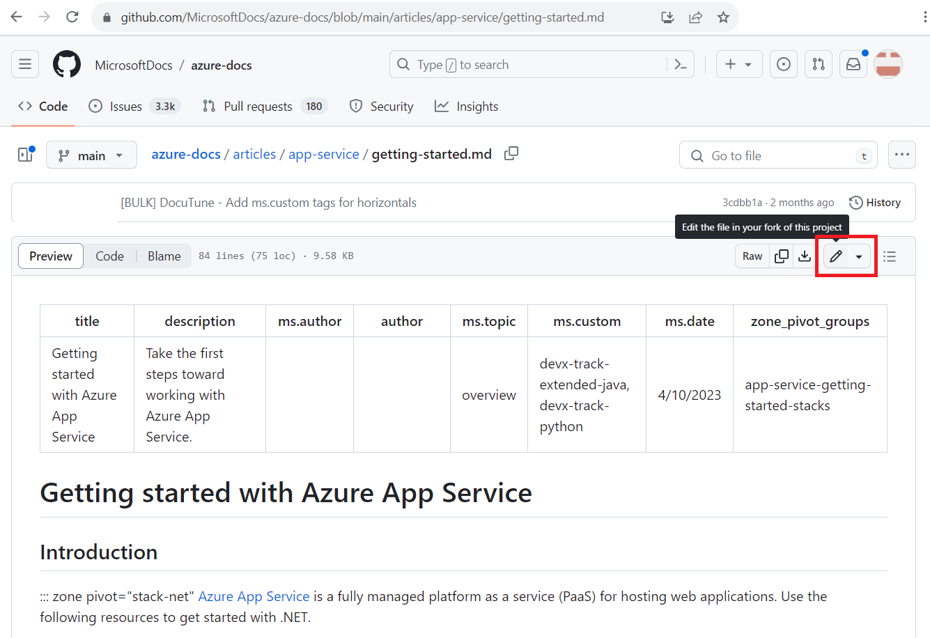 Snímka obrazovky článku služby Azure v rámci GitHubu zobrazujúca ikonu ceruzky na úpravy.